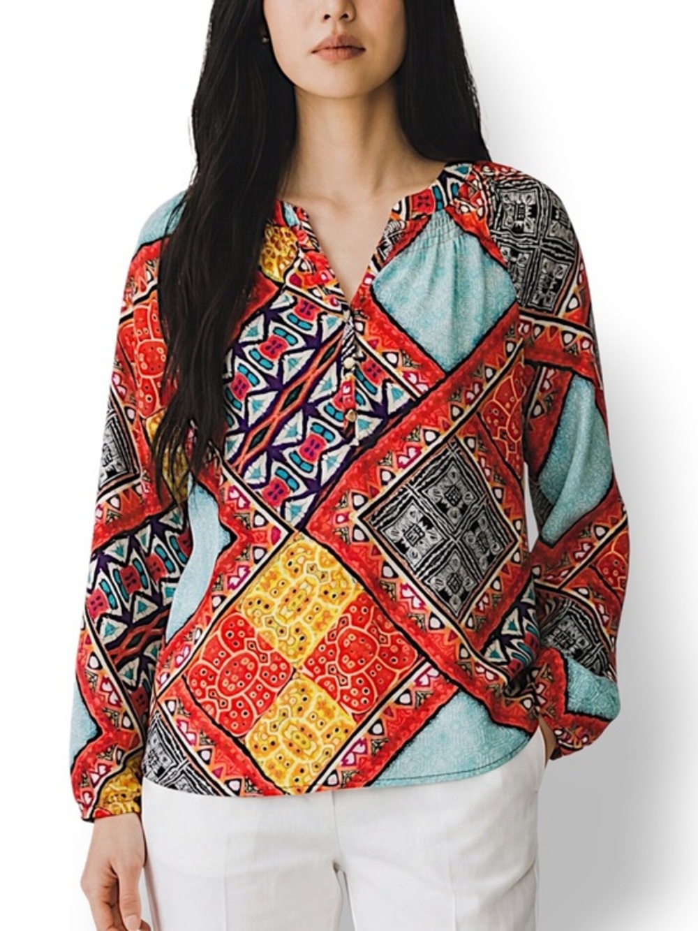 4/$20 Investments Petites Patchwork Print Blouse Long Sleeve Small